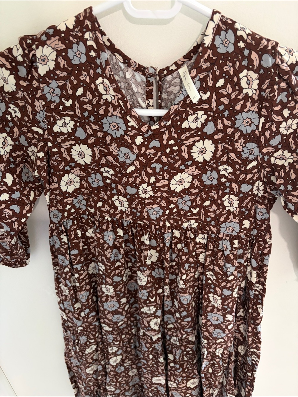 Rylee + Cru Brown Floral Tiered Dress with Blue and Cream Blooms
